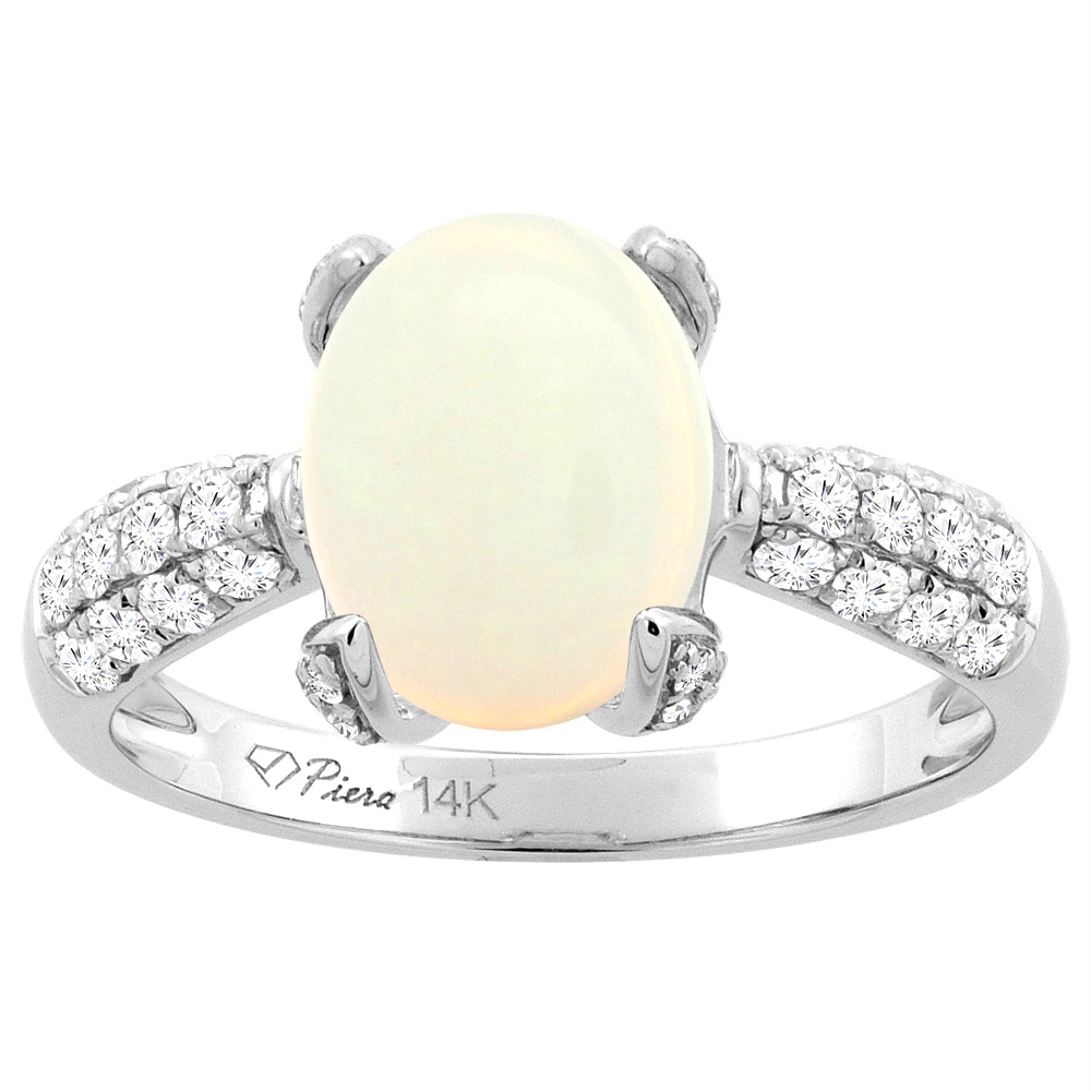 14K White Gold Natural Opal Engagement Ring Oval 10x8 mm & Diamond Accents, sizes 5 - 10