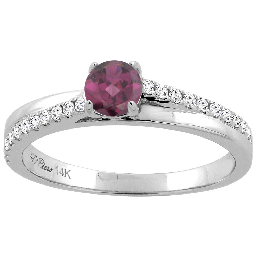 14K White Gold Natural Rhodolite Engagement Ring Round 5 mm & Diamond Accents, sizes 5 - 10
