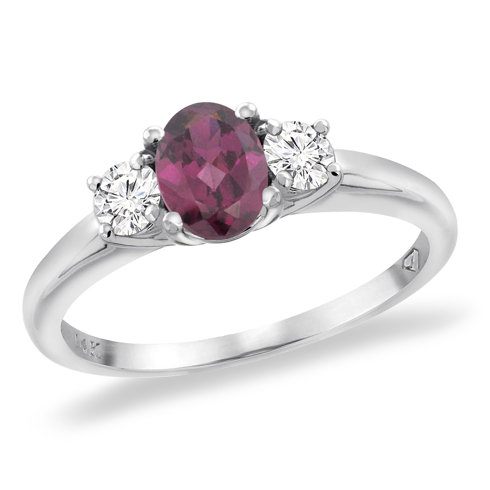 14K White Gold Natural Rhodolite Engagement Ring Diamond Accents Oval 7x5 mm, sizes 5 -10