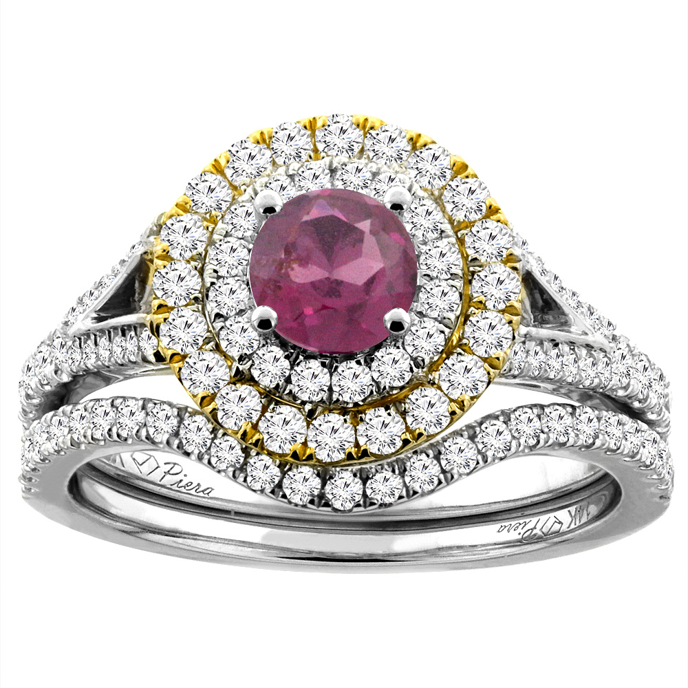 14K White Gold Diamond Natural Rhodolite Halo Engagement Bridal Ring Set Round 5 mm, sizes 5-10