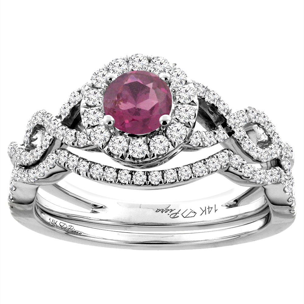 14K White Gold Diamond Natural Rhodolite Halo Engagement Bridal Ring Set Round 5 mm, sizes 5-10
