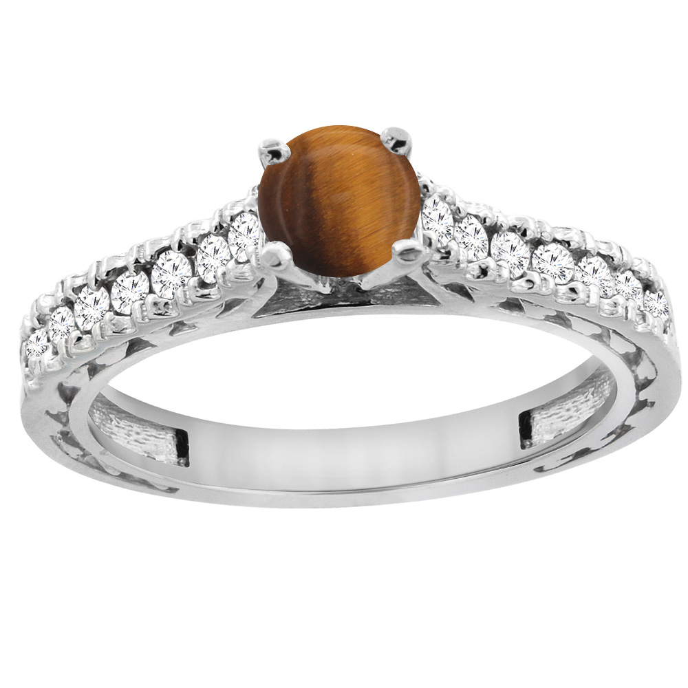 14K White Gold Natural Tiger Eye Round 5mm Engraved Engagement Ring Diamond Accents, sizes 5 - 10