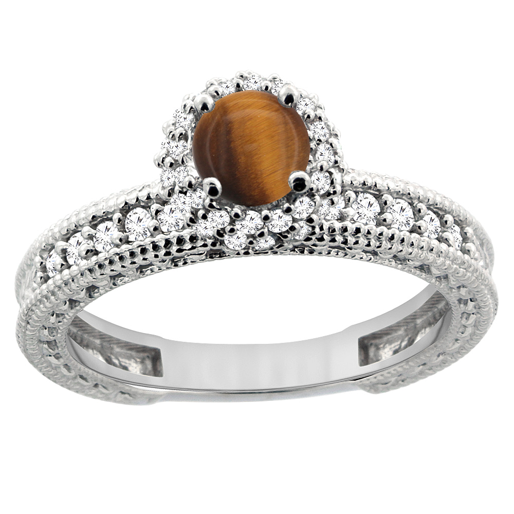 14K White Gold Natural Tiger Eye Round 5mm Engagement Ring Diamond Accents, sizes 5 - 10