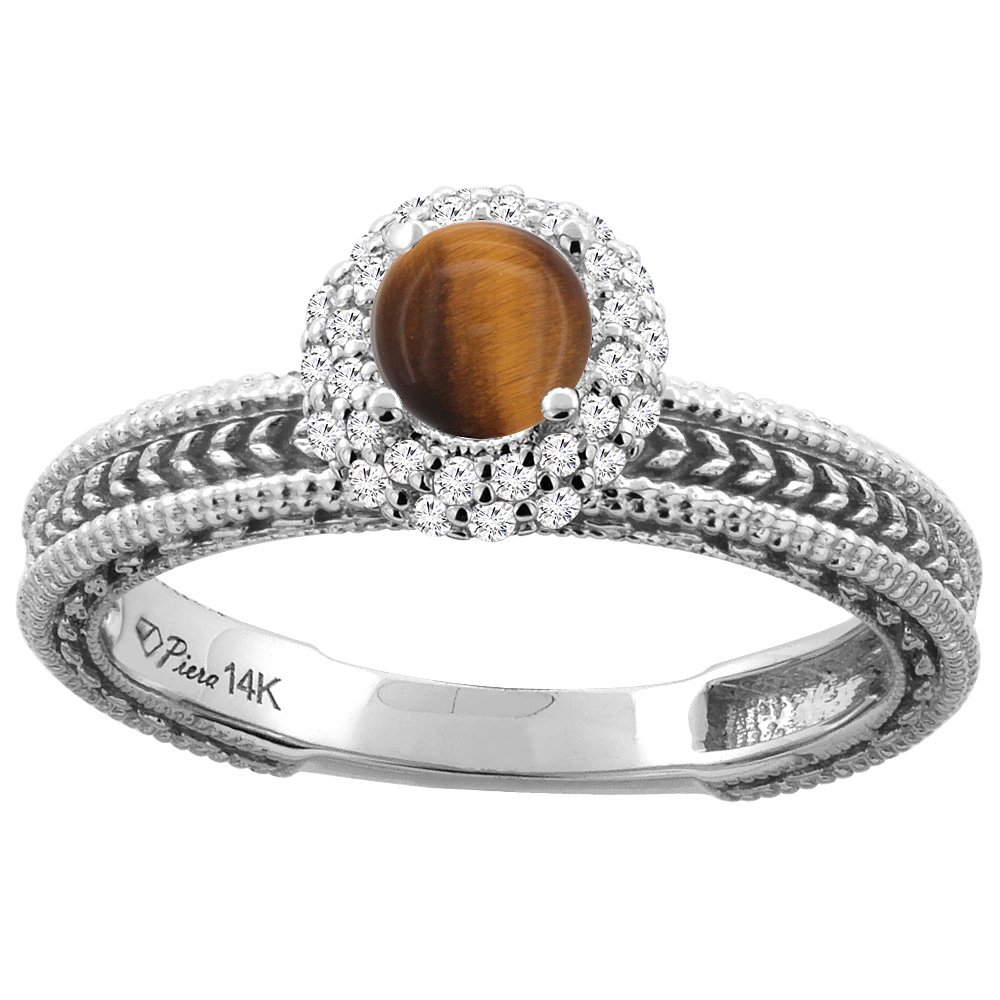 14K White Gold Natural Tiger Eye & Diamond Engagement Ring Round 5 mm, sizes 5-10