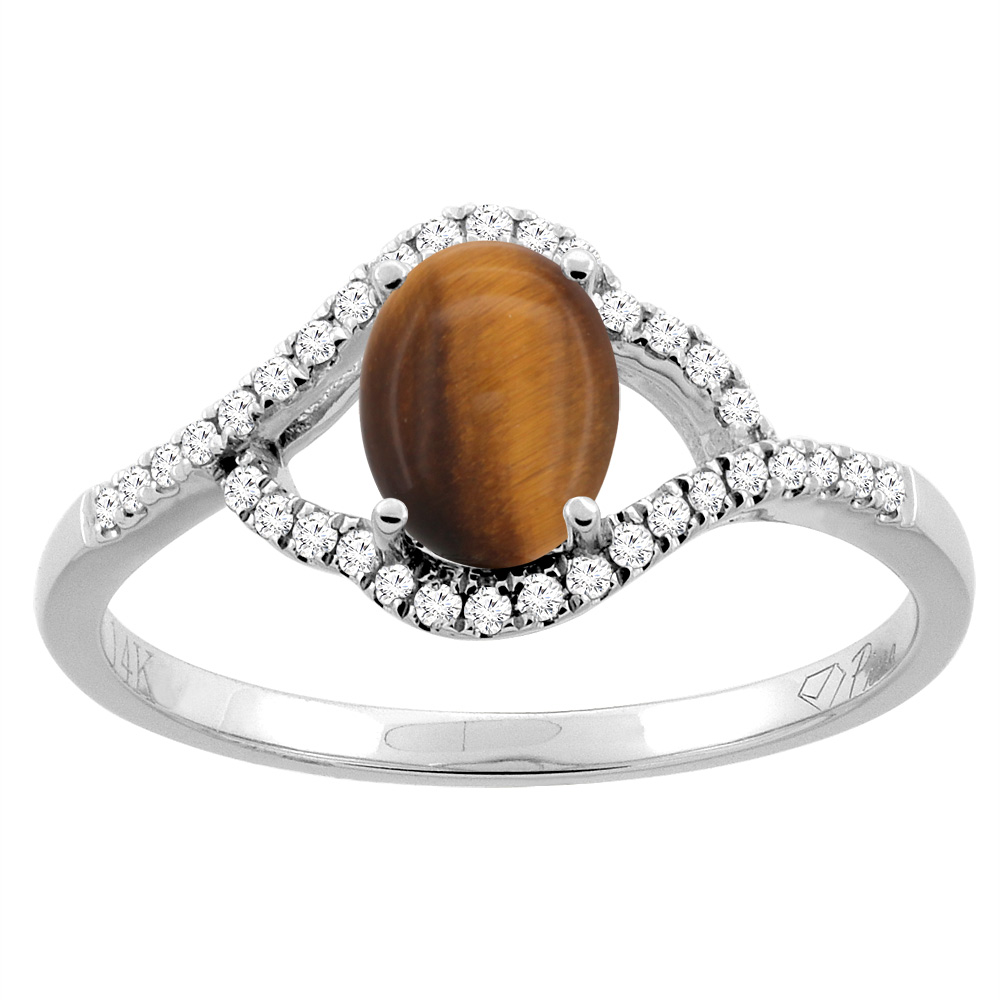 14K Gold Diamond Natural Tiger Eye Engagement Ring Oval 7x5 mm, sizes 5 - 10