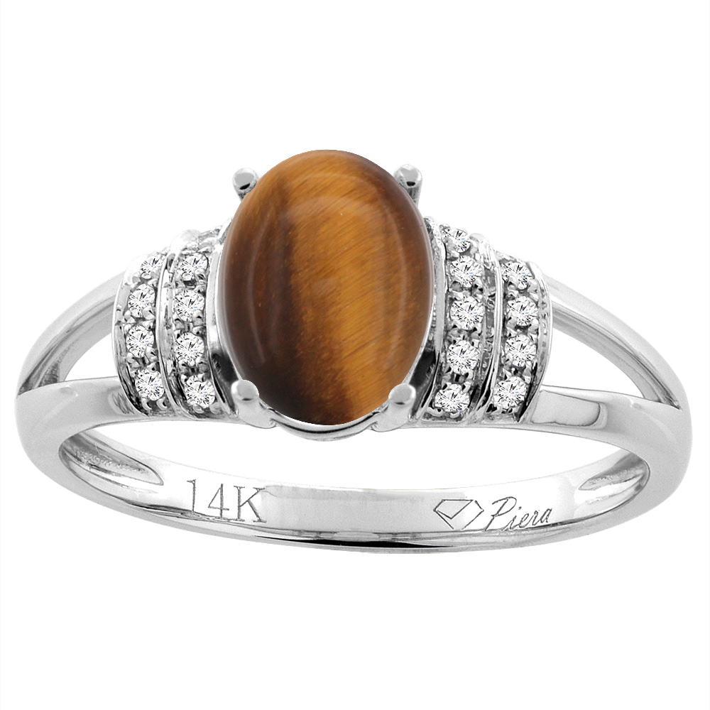 14K Gold Natural Tiger Eye Ring Oval 8x6 mm Diamond Accents, sizes 5 - 10