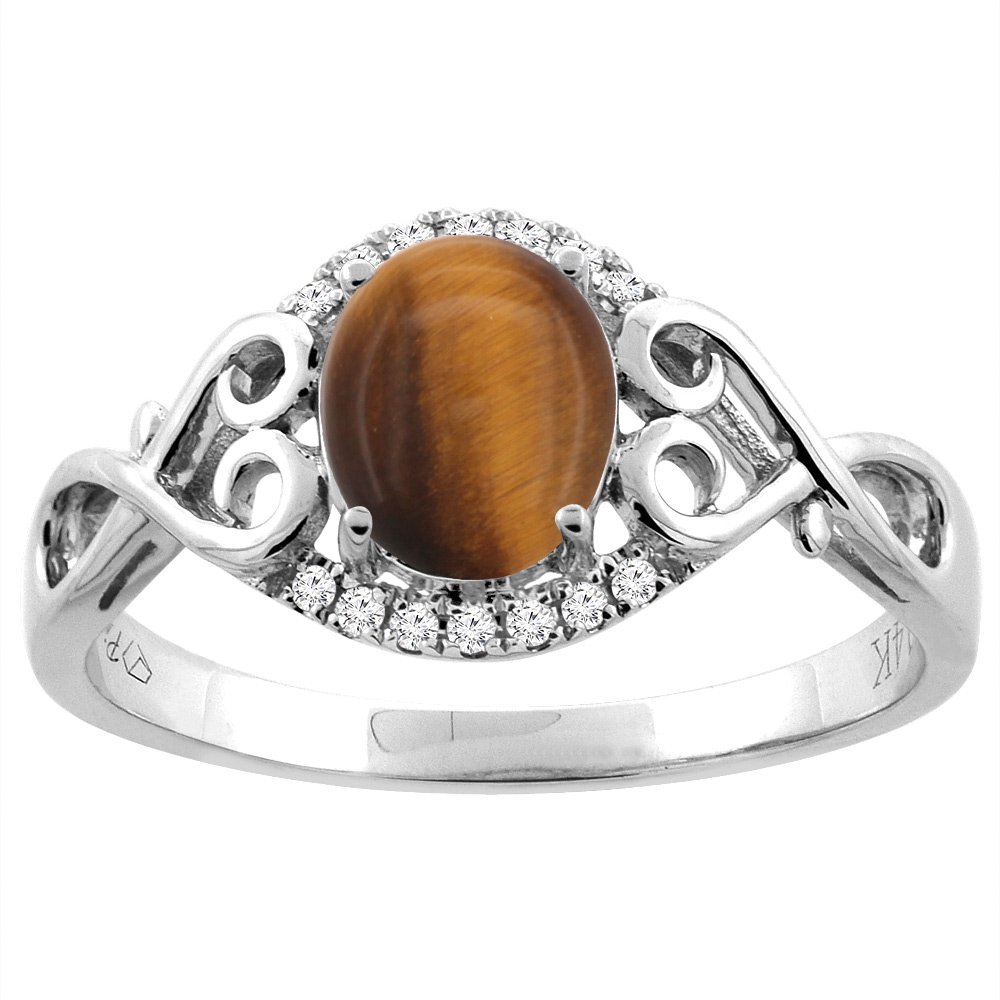 14K Gold Natural Tiger Eye Ring Oval 8x6 mm Diamond &amp; Heart Accents, sizes 5 - 10