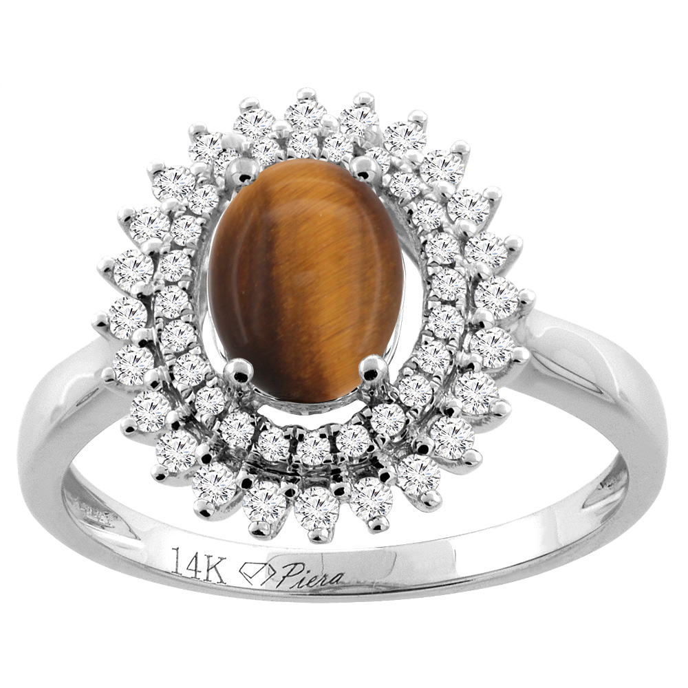 14K Gold Natural Tiger Eye Ring Oval 8x6 mm Double Halo Diamond Accents, sizes 5 - 10