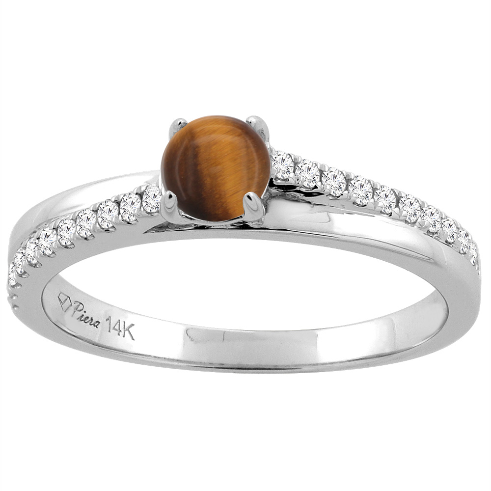 14K White Gold Natural Tiger Eye Engagement Ring Round 5 mm &amp; Diamond Accents, sizes 5 - 10