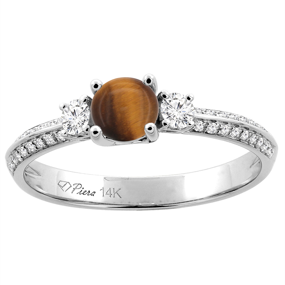 14K White Gold Natural Tiger Eye Engagement Ring Round 5 mm &amp; Diamond Accents, sizes 5 - 10