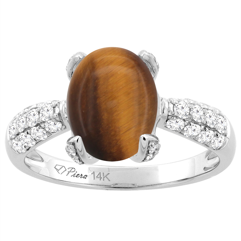 14K White Gold Natural Tiger Eye Engagement Ring Oval 12x10 mm & Diamond Accents, sizes 5 - 10