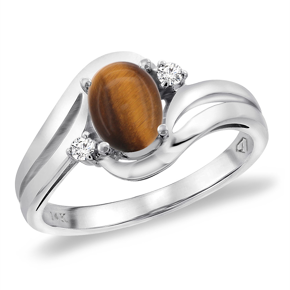 14K White Gold Diamond Natural Tiger Eye Bypass Engagement Ring Oval 8x6 mm, sizes 5 -10