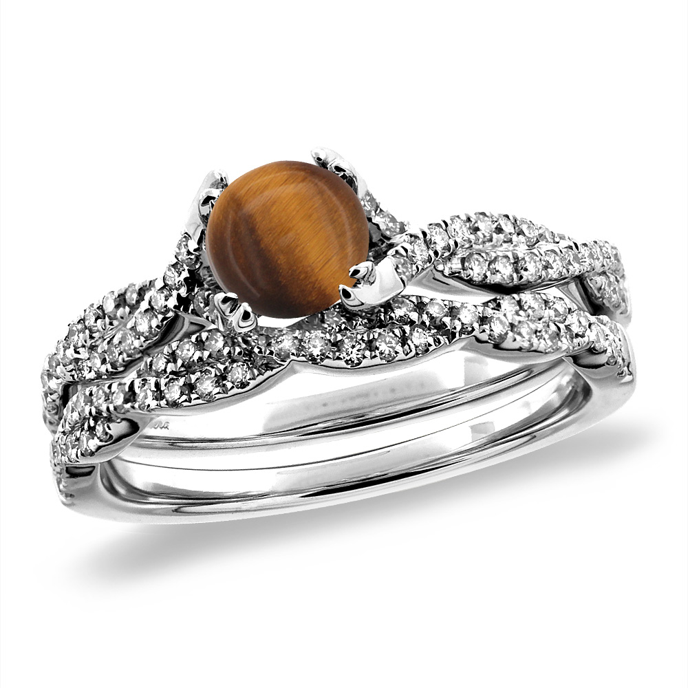 14K White/Yellow Gold Diamond Natural Tiger Eye 2pc Infinity Engagement Ring Set Round 5 mm, sizes 5-10