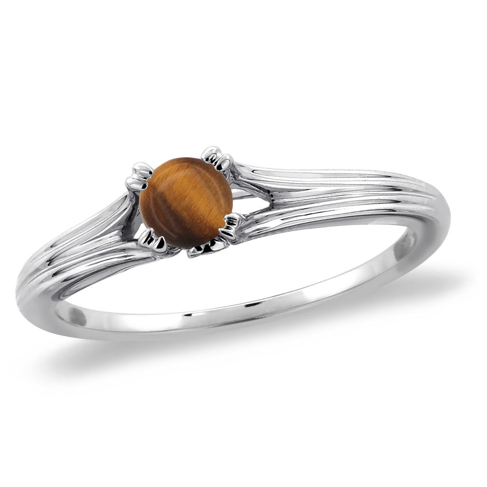 14K White Gold Diamond Natural Tiger Eye Solitaire Engagement Ring Round 5 mm, sizes 5 -10