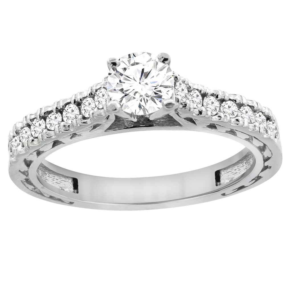 14K White Gold Diamond Engraved Engagement Ring 0.70 cttw, sizes 5 - 10