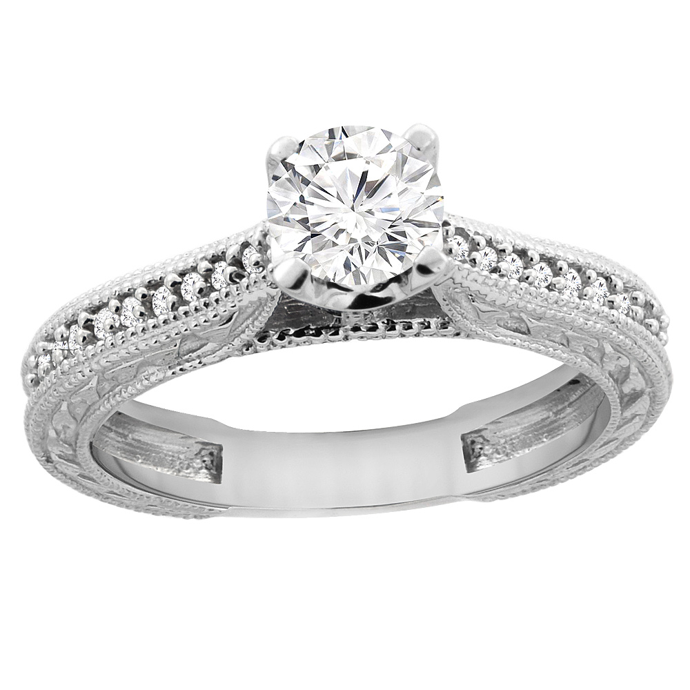 14K White Gold Diamond Engraved Engagement Ring 0.65 cttw, sizes 5 - 10