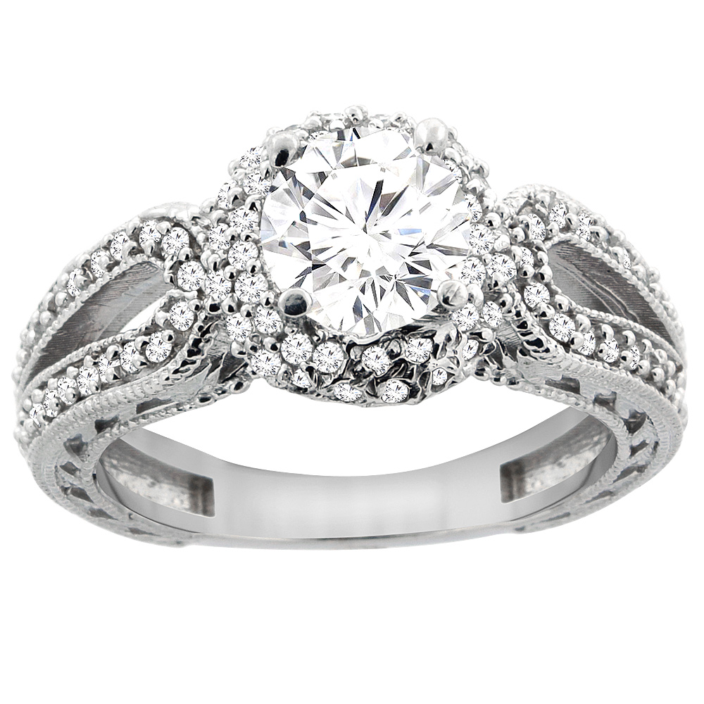 14K White Gold Diamond Engagement Ring Engraved Split Shank 1.25cttw, sizes 5 - 10