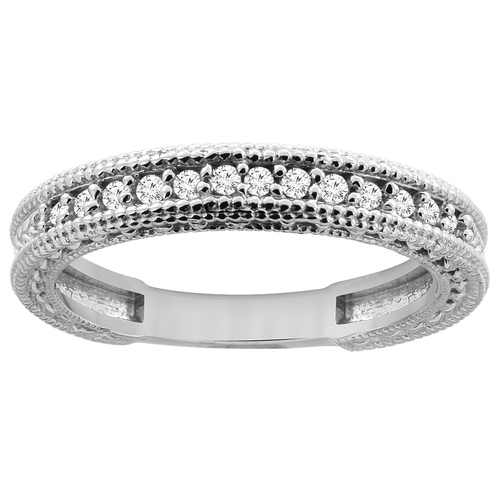 14K White Gold Diamond Wedding Band Engraved Ring Half Eternity, sizes 5 - 10