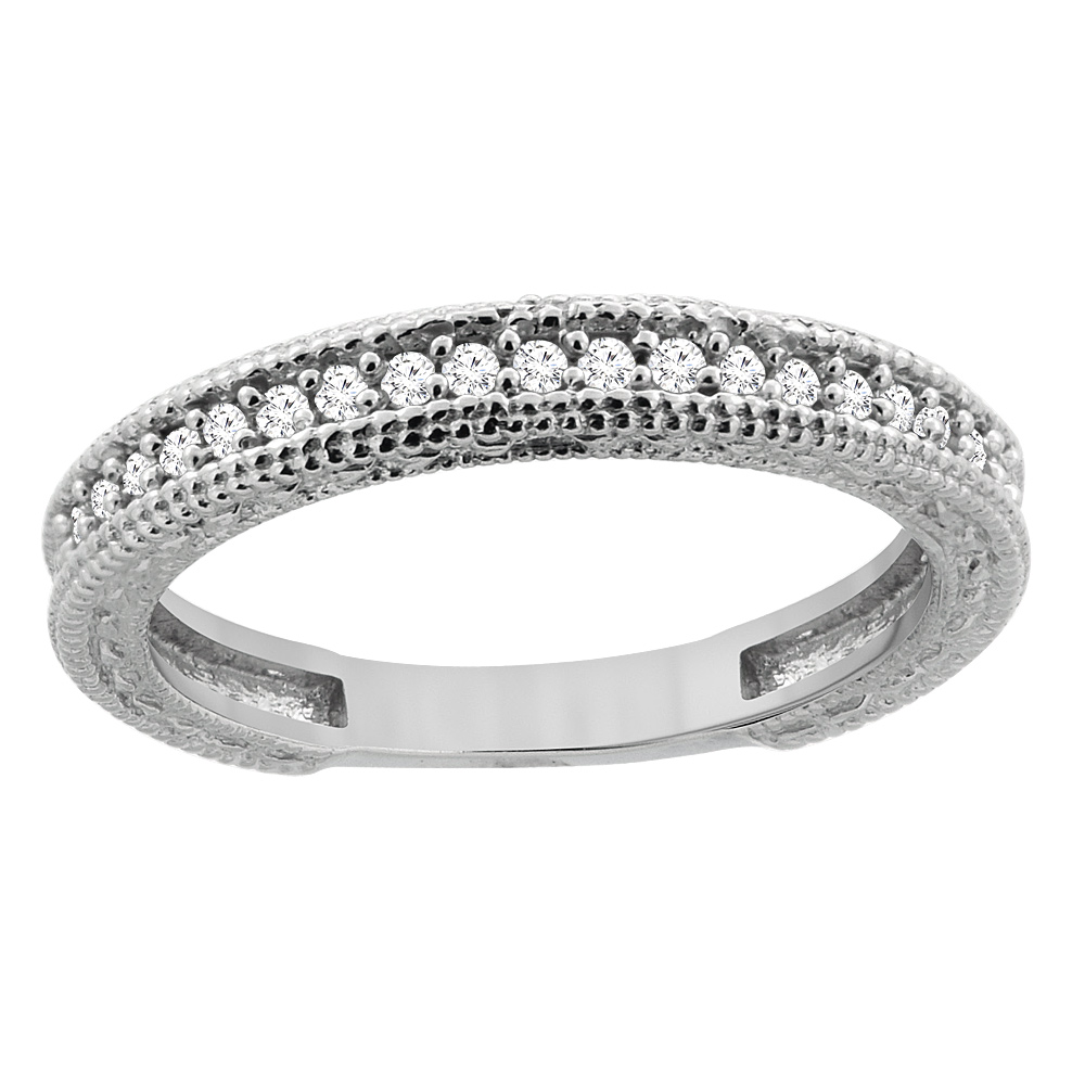14K White Gold Diamond Wedding Band Engraved Ring Half Eternity, sizes 5 - 10