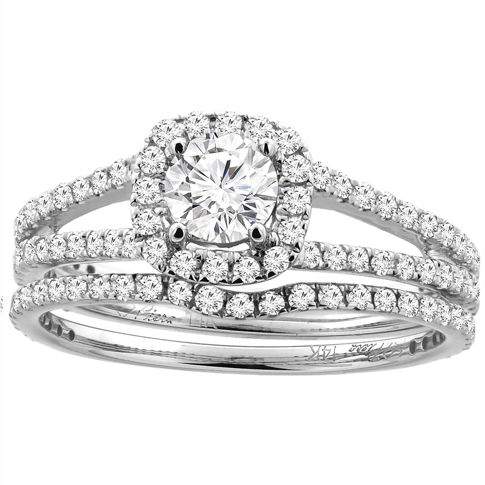 14K White Gold Genuine Diamond Halo 2pc Engagement Ring Set Round 1.17 cttw, sizes 5 - 10