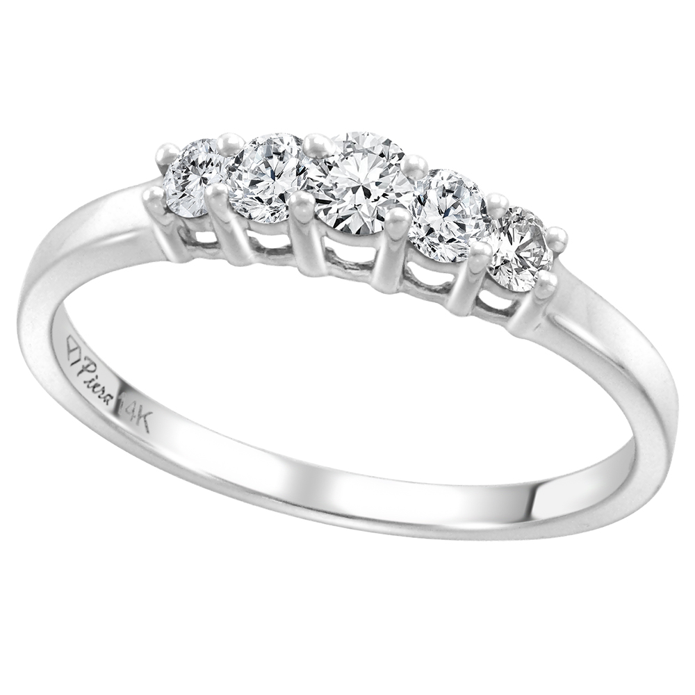 14k White Gold Graduated Genuine Diamond 5-Stone Wedding Band Round Brilliantcut 0.3-1ct 2-4.2mm,size5-10