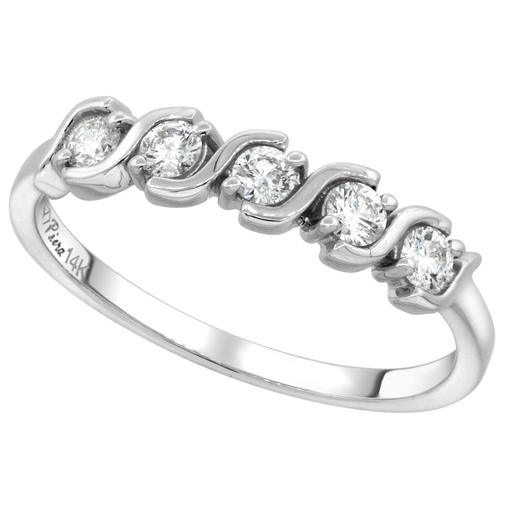 14k White Gold 5-Stone Genuine Diamond Wedding Band Round Brilliant cut 0.32-1 cttw 2.4mm-3.7mm, size5-10