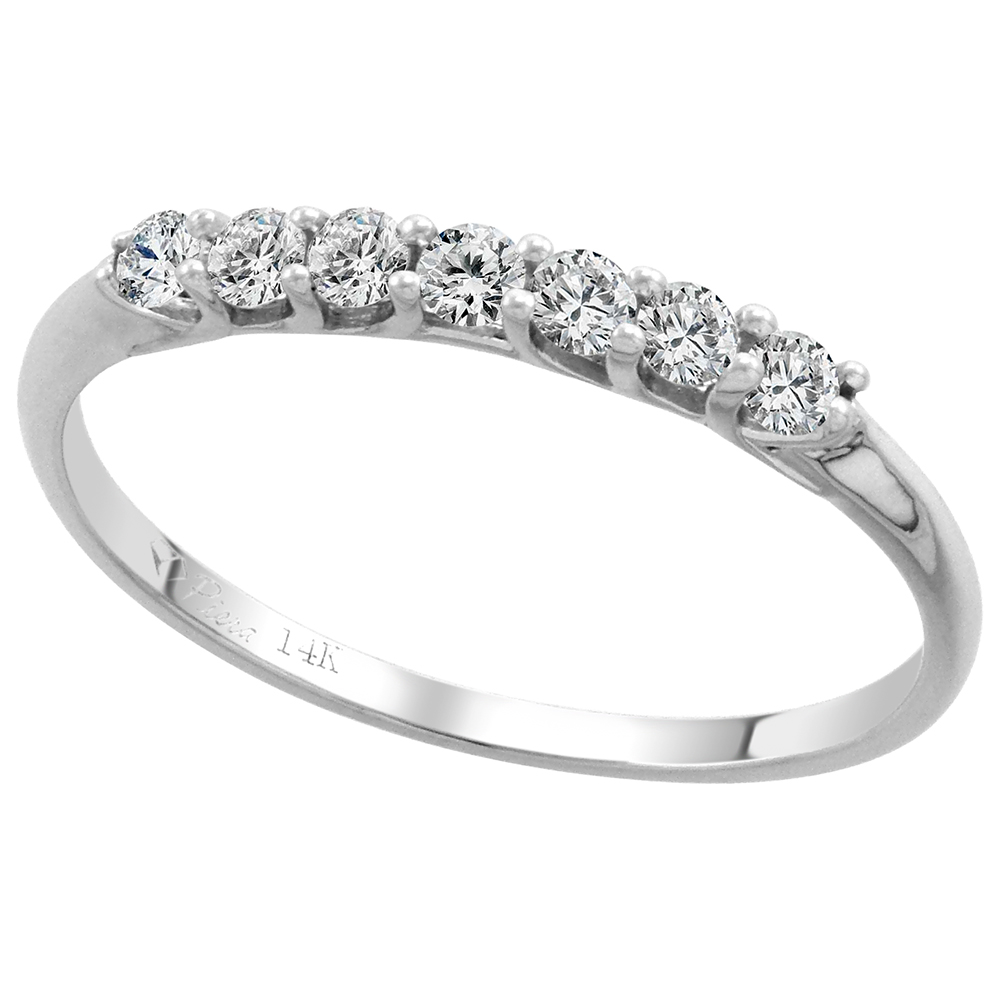 14k White Gold 7-Stone Genuine Diamond Wedding Band Round Brilliant-cut 0.27-1.15 cttw 2-3.4mm, size 5-10