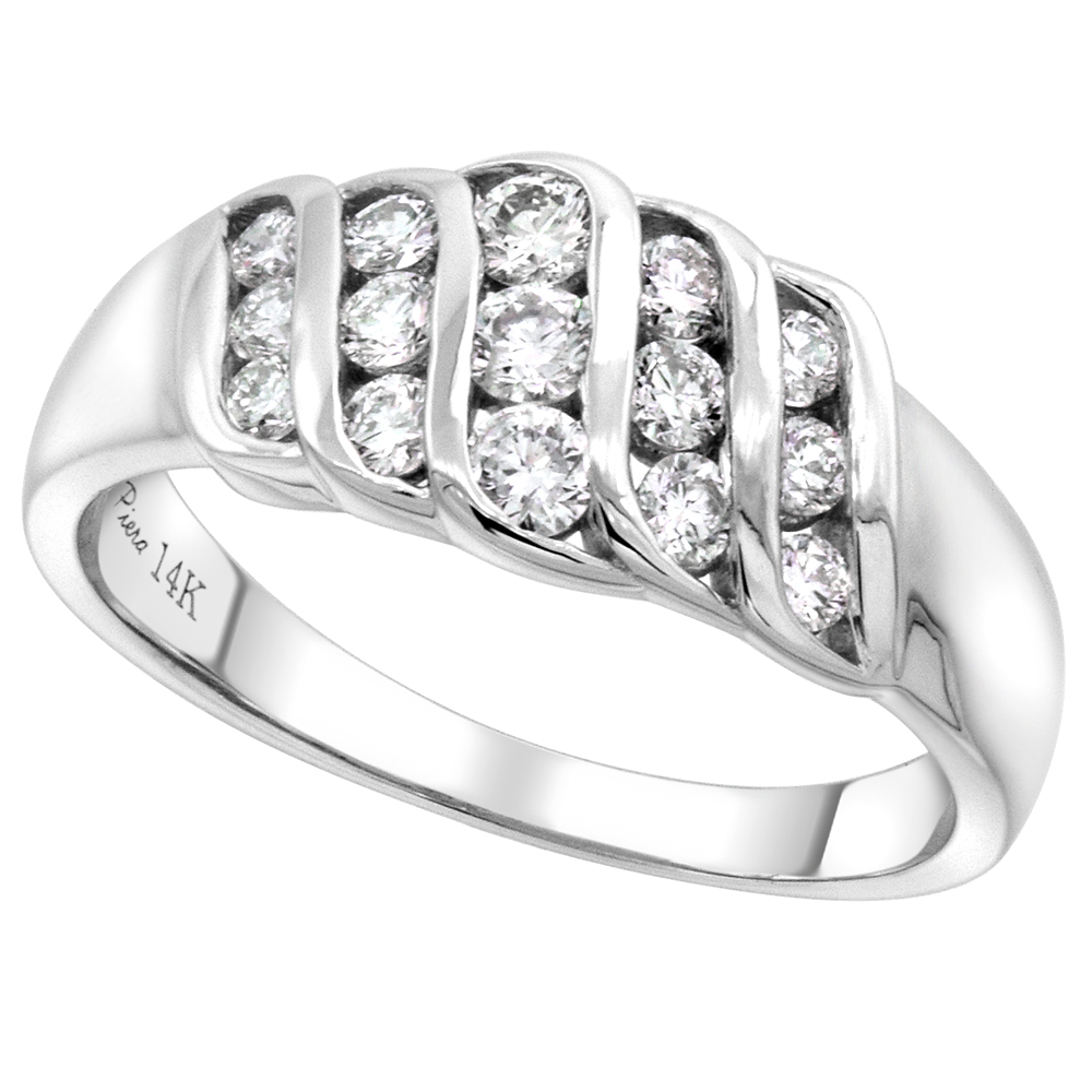 14k White Gold 0.6-1.2 ct Genuine Diamond 15 Stone Ring 5-Vertical Row Round Channel Set 1.8-3mm,size5-10