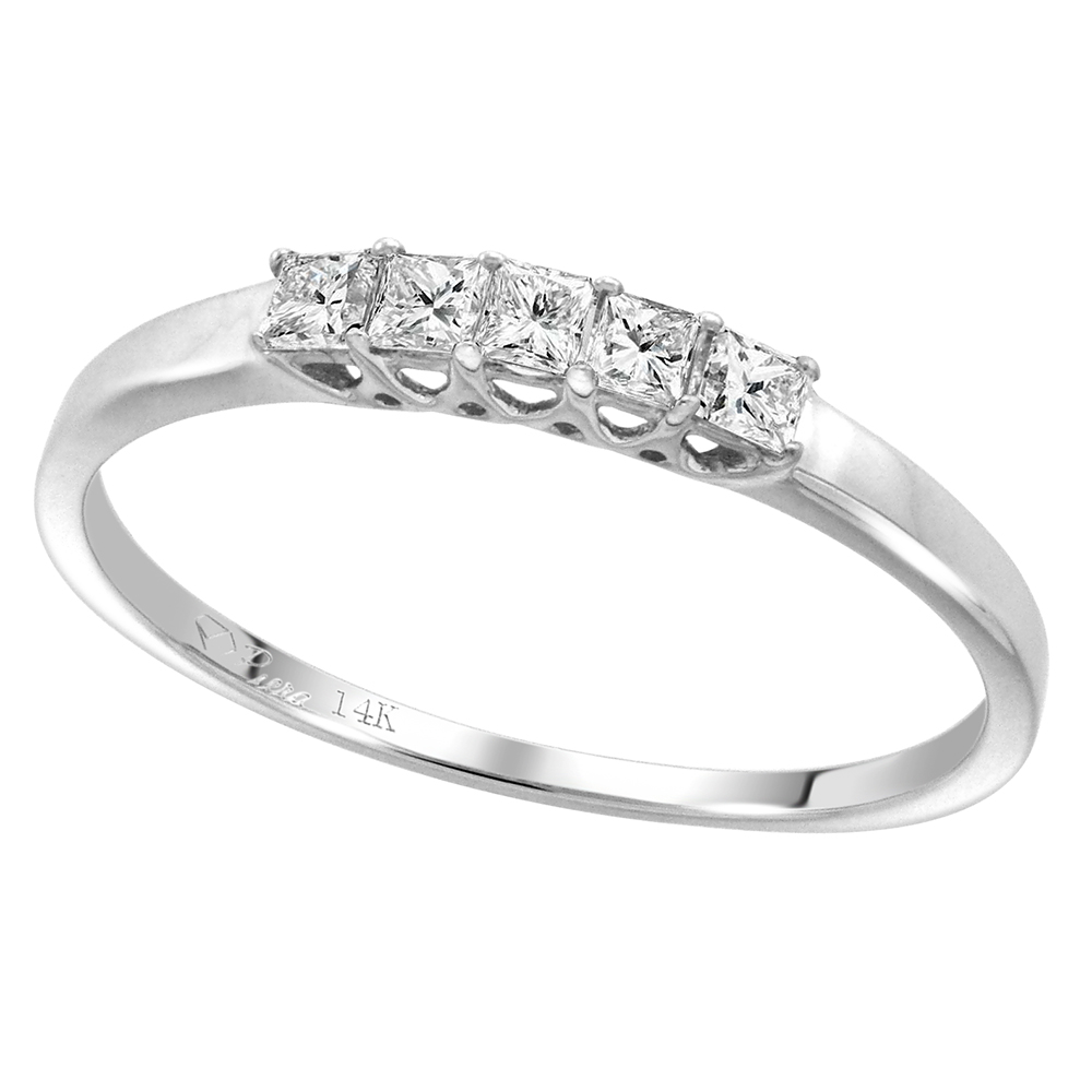 14k White Gold 5-Stone Princess cut Genuine Diamond Wedding Band 0.25-1 cttw 2x2mm-3.25x3.25mm, size 5-10