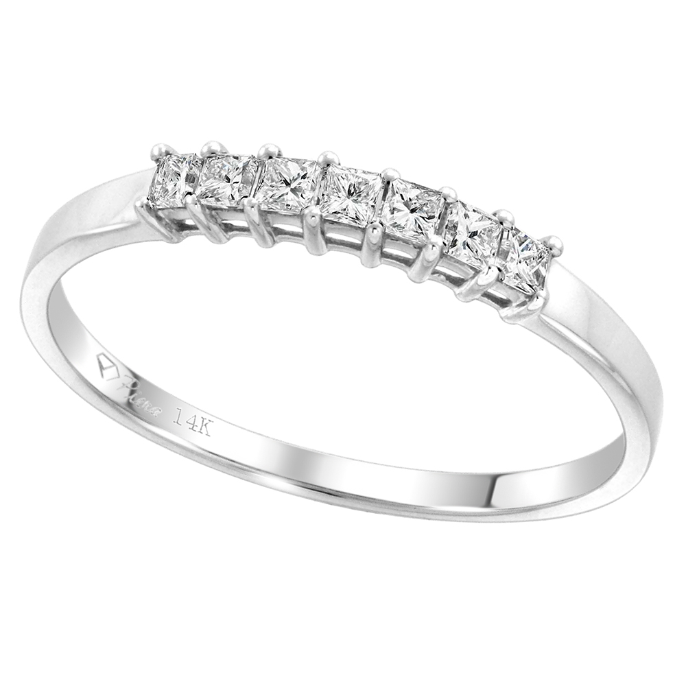 14k White Gold Princess cut 7-Stone Genuine Diamond Wedding Band 0.2-0.8ct 1.7x1.7mm-2.75x2.75mm,size5-10
