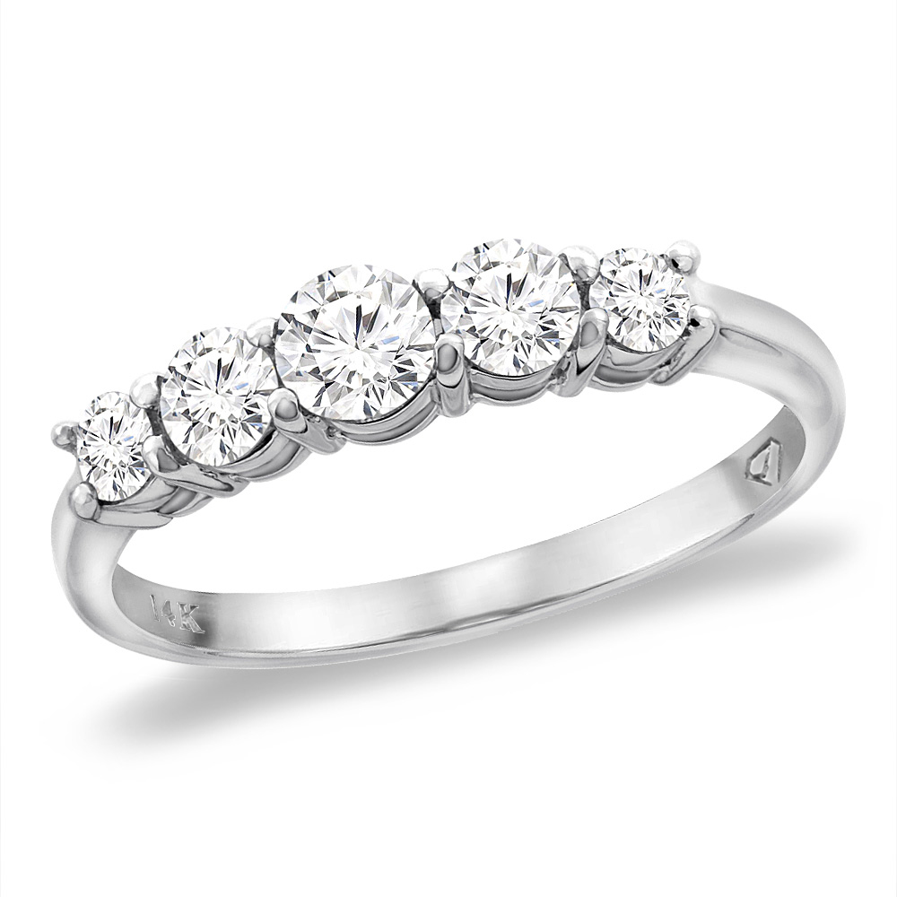 14K White Gold Genuine Diamond 5-stone Engagement Ring 0.62 cttw. 5/32 inch wide, sizes 5 -10