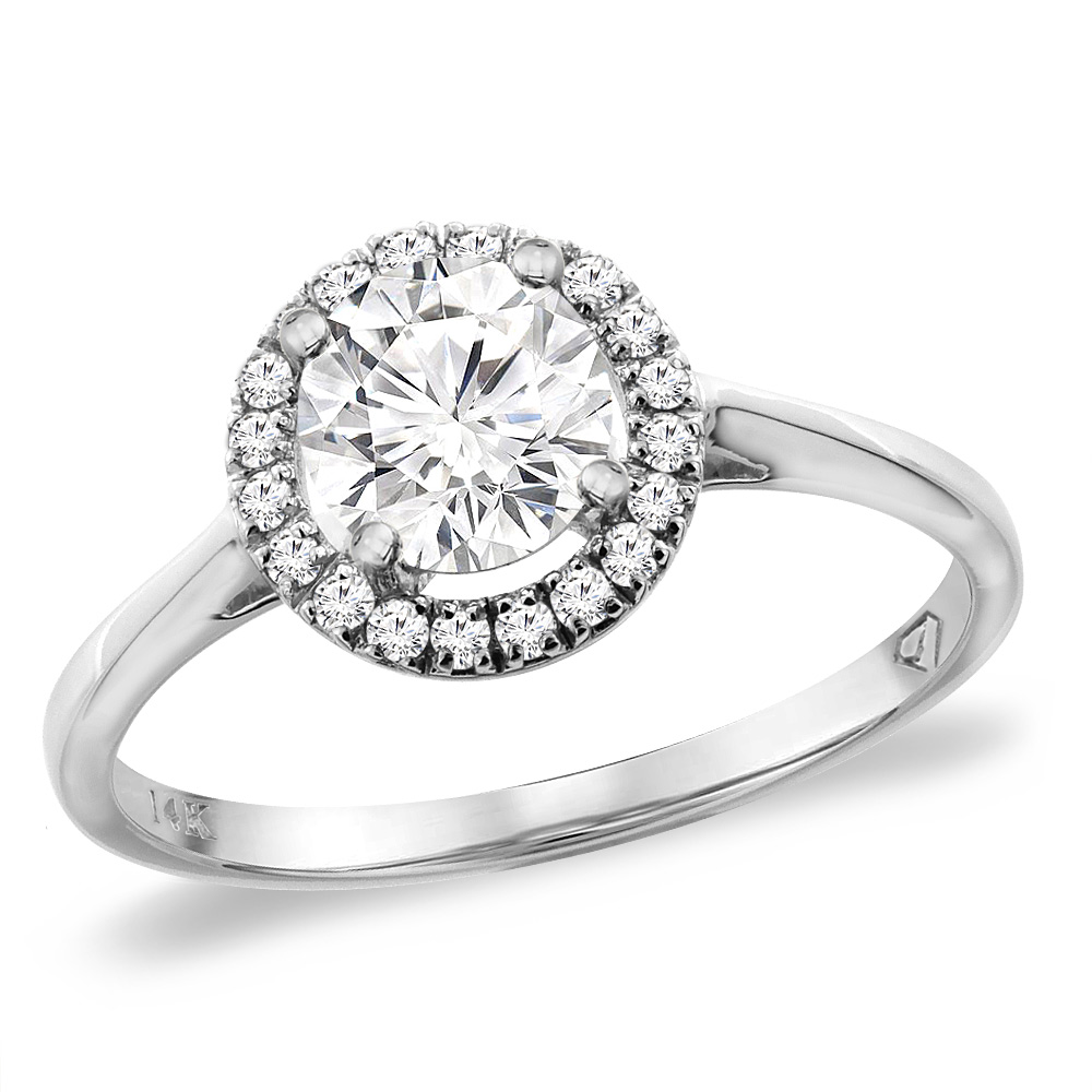 14K White Gold 0.87 cttw Genuine Diamond Halo Engagement Ring Round 6 mm, sizes 5 -10