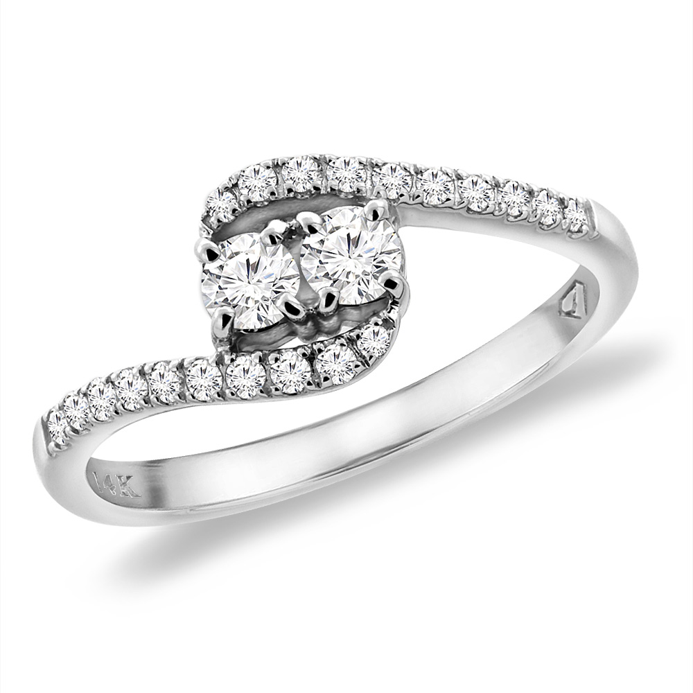 14K White Gold Genuine Diamond 2-stone Bypass Engagement Ring 0.35 cttw., sizes 5 -10