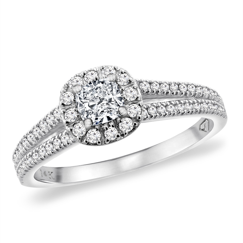 14K White Gold Genuine Diamond 0.67 cttw Split Shank Engagement Ring 4.5mm Cushion, sizes 5 -10