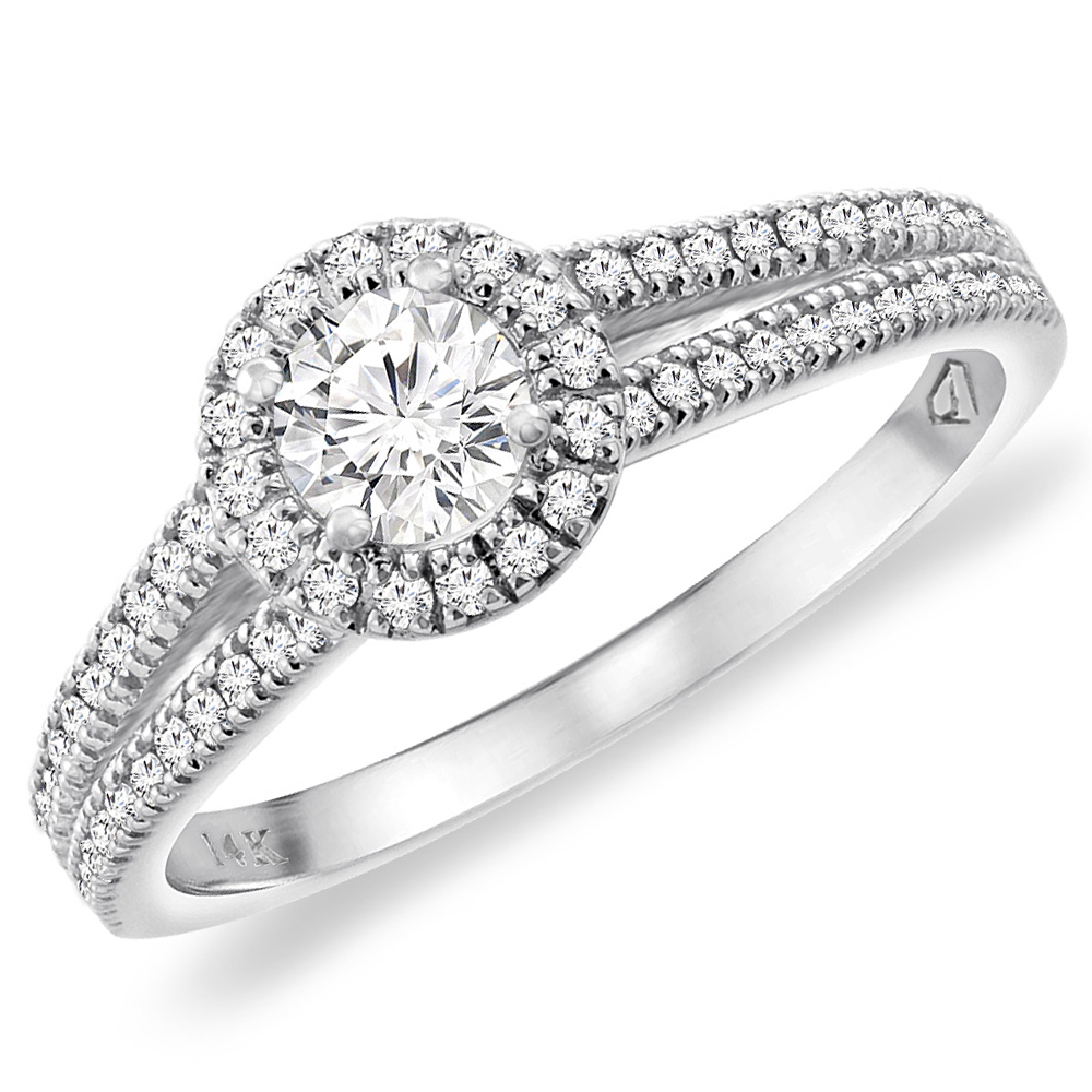 14K White Gold 0.52 cttw Genuine Diamond Halo Split Shank Engagement Ring, sizes 5 -10