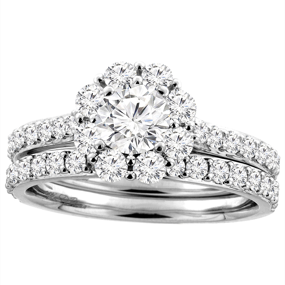 14K White Gold 1.74 cttw. Diamond Halo Engagement Ring Set Round 5 mm, sizes 5-10