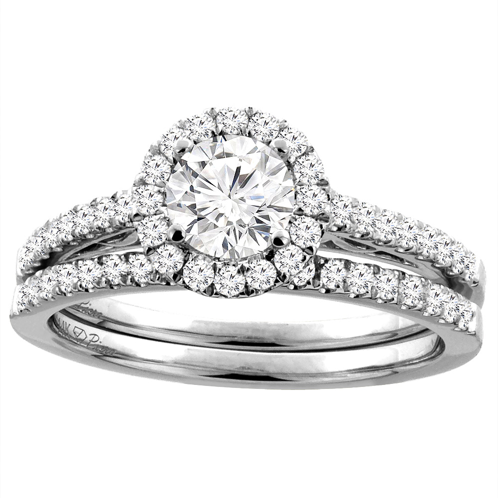 14K White Gold 1 ct. Cubic Zirconia Halo Engagement Bridal Ring Set with Diamond Accents, sizes 5-10