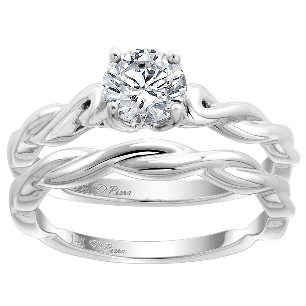 14k White Gold Solitaire Engagement 2pc RingSet Genuine Gem Round 6mm 1 ct size Twisted Shank, size 5-10