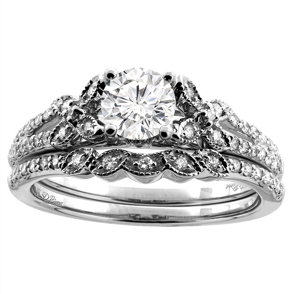 14K White/Yellow Gold Floral 0.82 cttw Genuine Diamond 2pc Engagement Ring Set, sizes 5-10