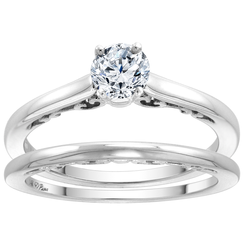 14k White Gold Solitaire Engagement 2pc Ring Set Genuine Gem Round 4mm Decorative Gallery, size 5-10