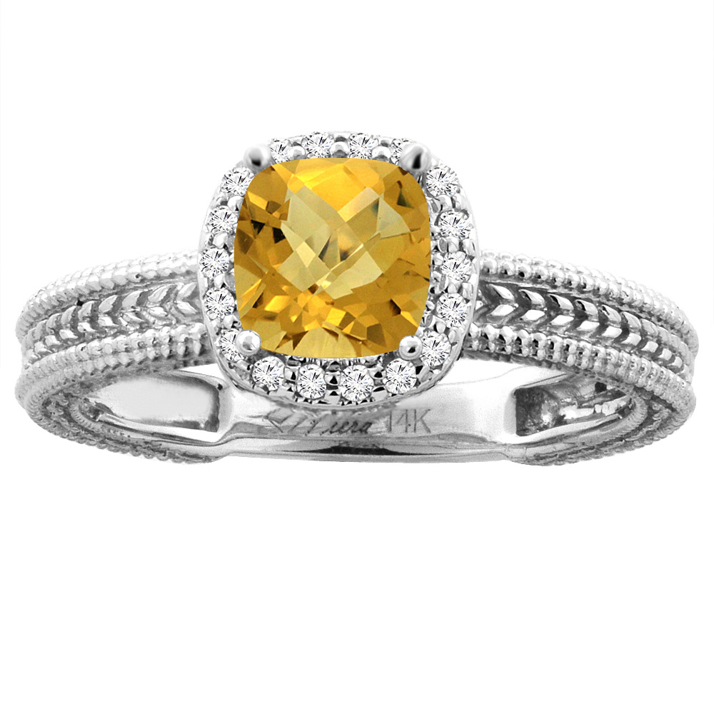 14K Yellow Gold Diamond Natural Whisky Quartz Engagement Ring Cushion 7x7 mm, sizes 5-10