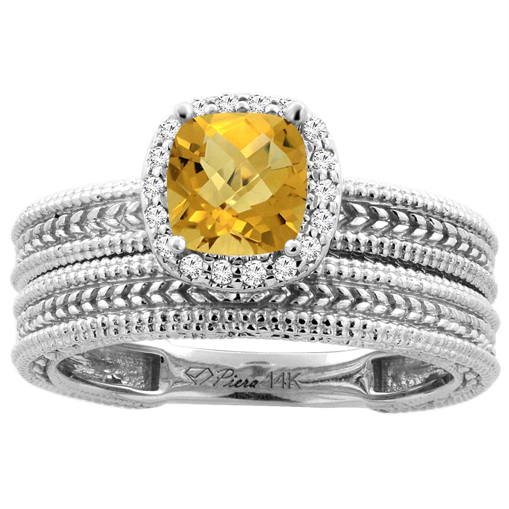 14K Yellow Gold Diamond Natural Whisky Quartz 2-pc Engagement Ring Set Cushion 7x7 mm, sizes 5-10