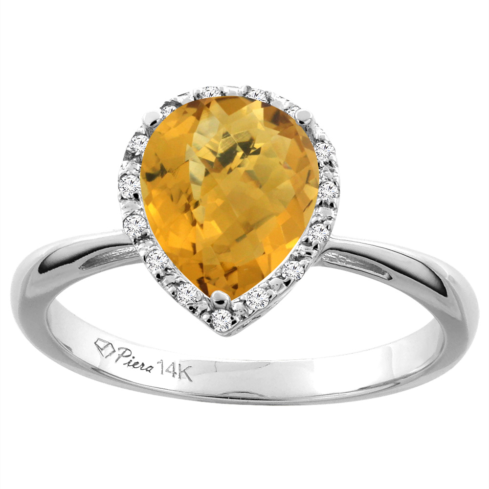 14K Yellow Gold Natural Whisky Quartz &amp; Diamond Halo Engagement Ring Pear Shape 9x7 mm, sizes 5-10