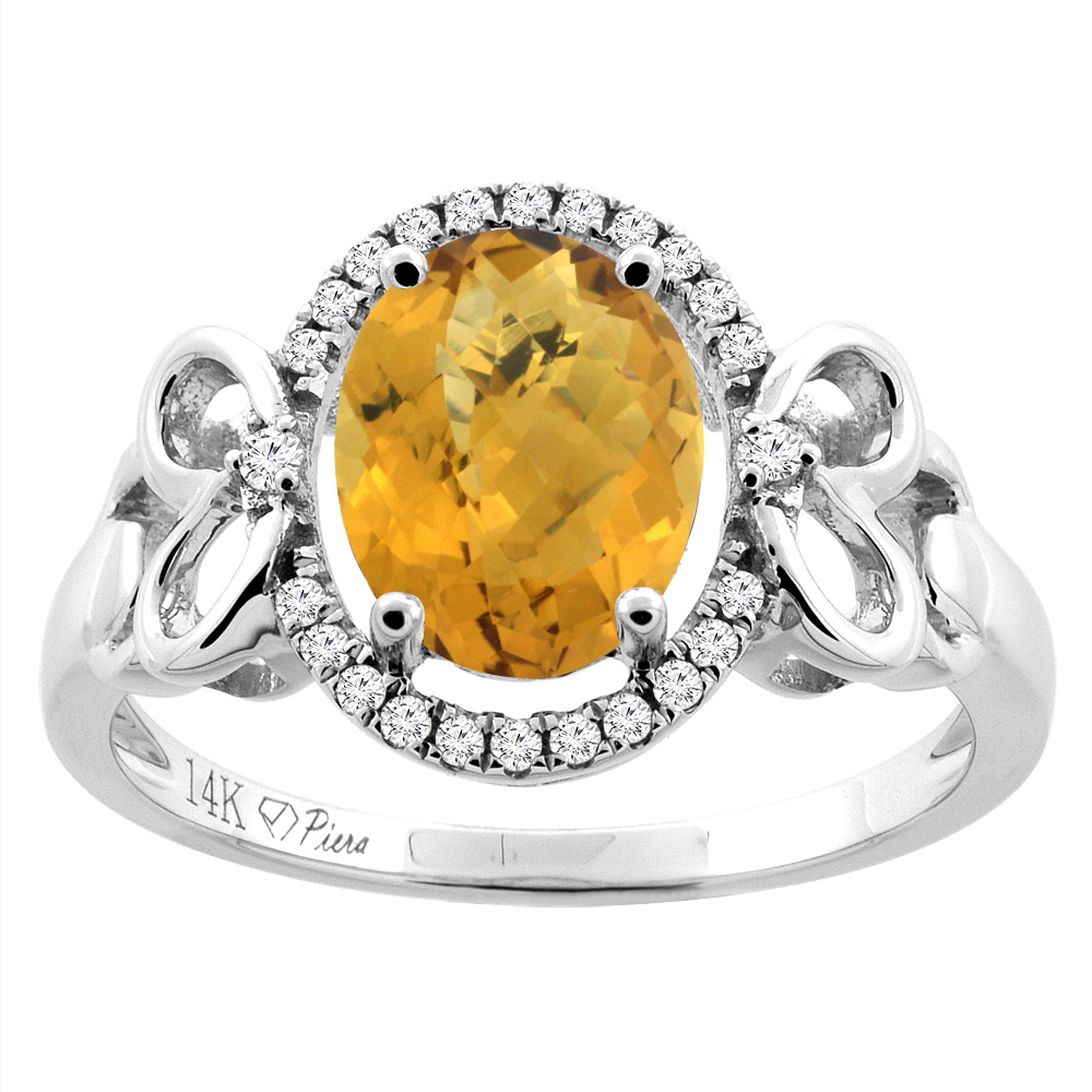 14K Gold Natural Whisky Quartz Halo Ring Oval 9x7 mm Diamond & Heart Accents, sizes 5 - 10
