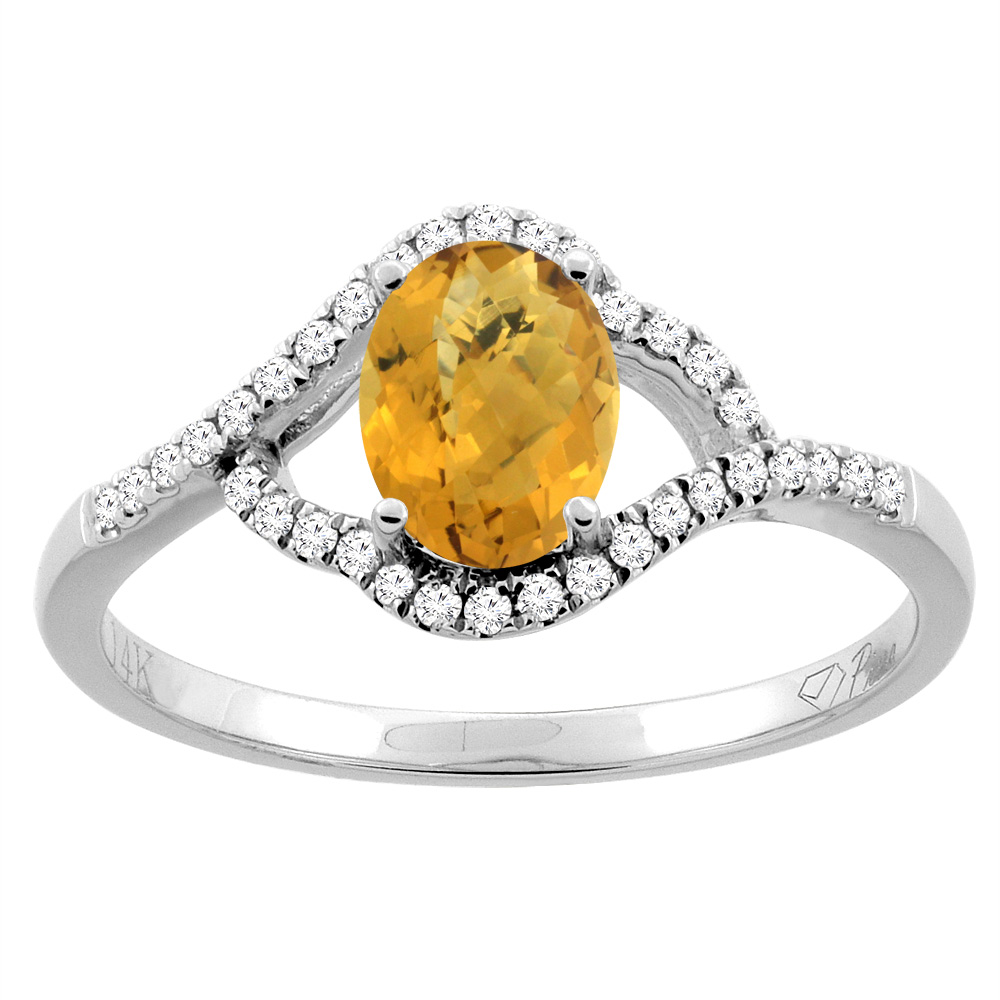 14K Gold Diamond Natural Whisky Quartz Engagement Ring Oval 7x5 mm, sizes 5 - 10