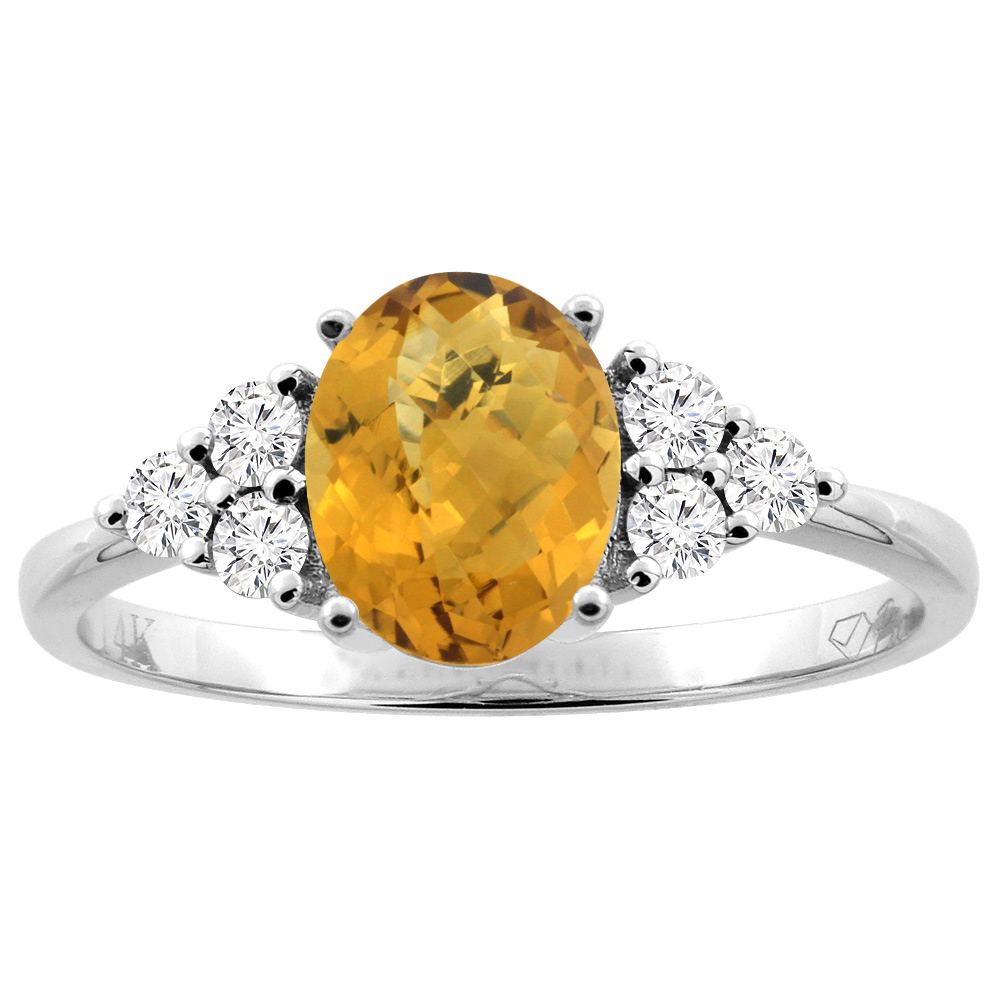 14K Gold Natural Whisky Quartz Ring Oval 8x6 mm Diamond Accents, sizes 5 - 10