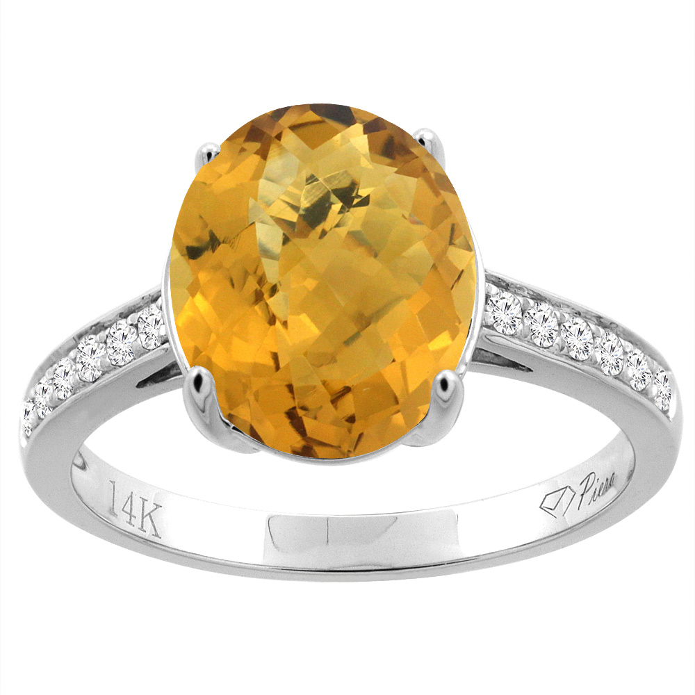 14K Gold Natural Whisky Quartz Ring Oval 11x9 mm Diamond Accents, sizes 5 - 10