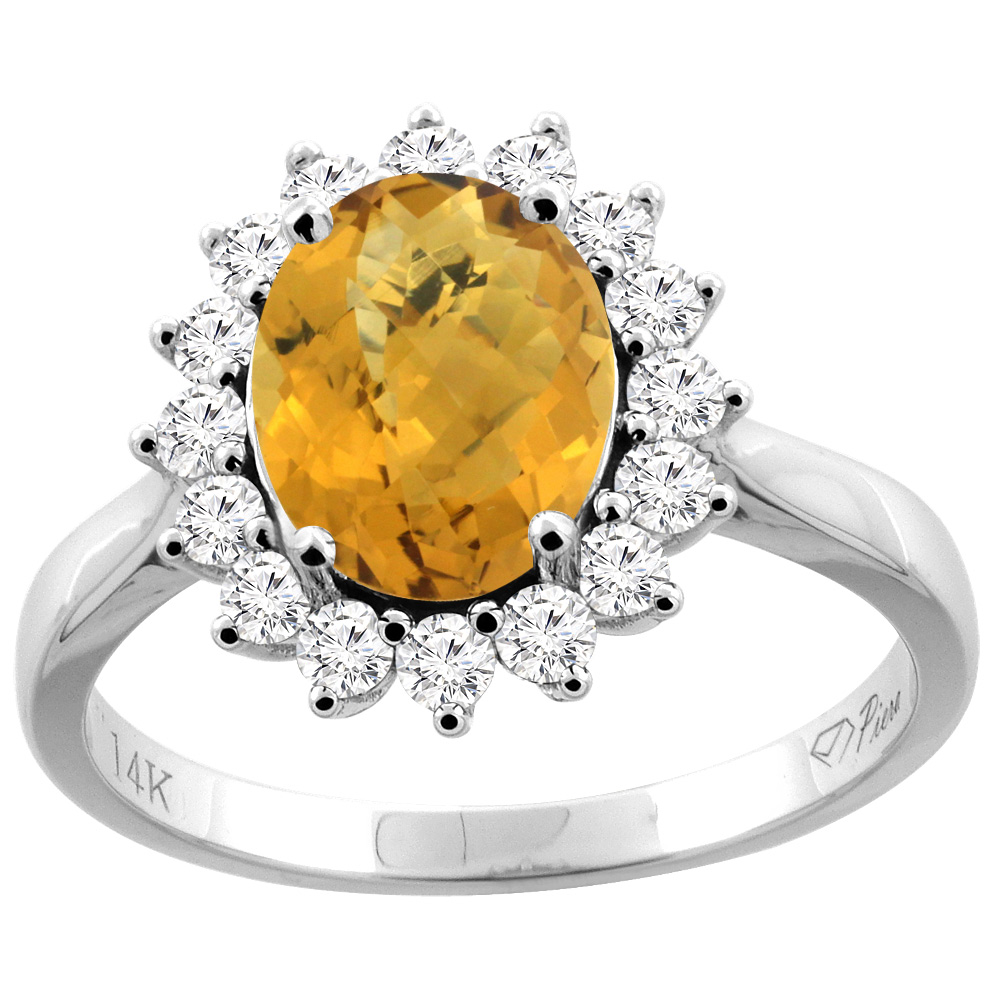 14K Gold Natural Whisky Quartz Ring Oval 9x7 mm Diamond Accents, sizes 5 - 10