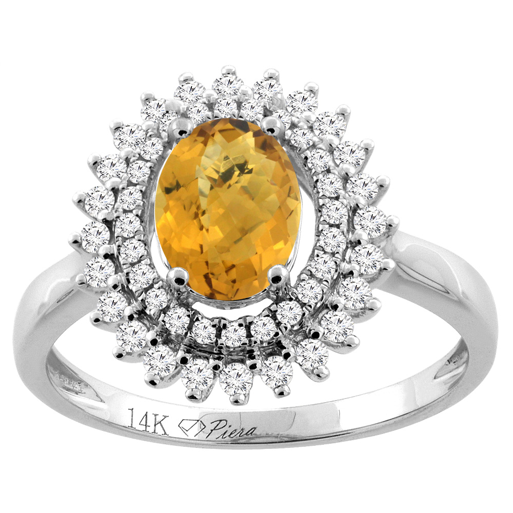 14K Gold Natural Whisky Quartz Ring Oval 8x6 mm Double Halo Diamond Accents, sizes 5 - 10