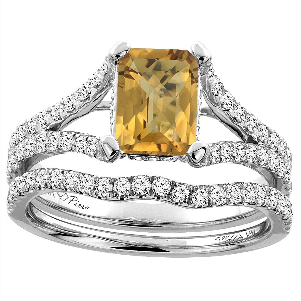 14K White Gold Natural Whisky Quartz Engagement Ring Set Emerald 8x6 mm, sizes 5-10